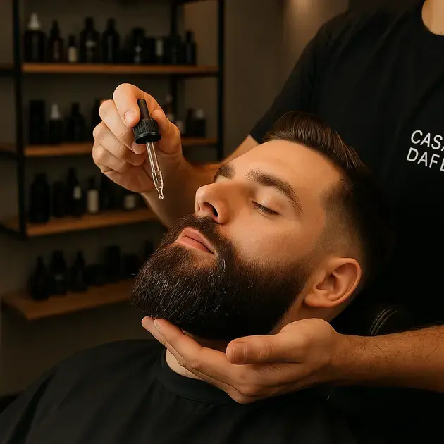 Homem em barbearia demonstrando barba cheia cuidados necessários de forma profissional