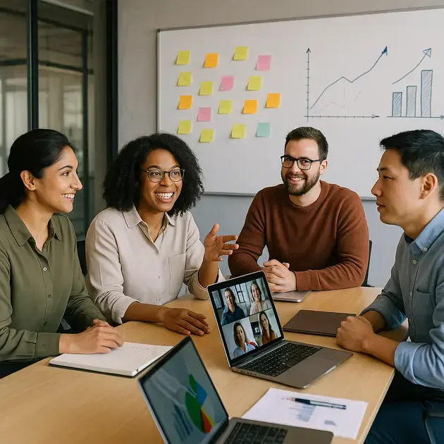 Homens em reunião discutindo estilos de barba cheia ou rala para cada tipo de rosto no trabalho