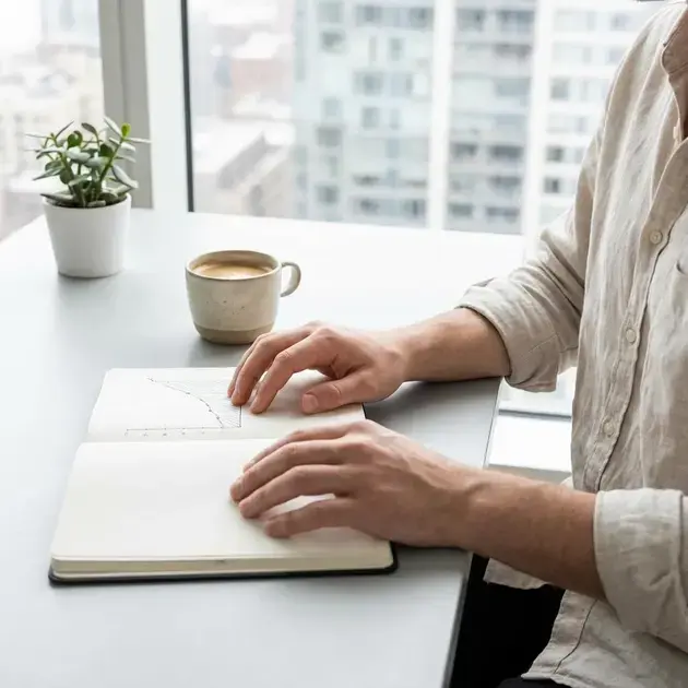 Homem em ambiente profissional moderno avaliando barba cheia ou rala vantagens e desvantagens no espelho