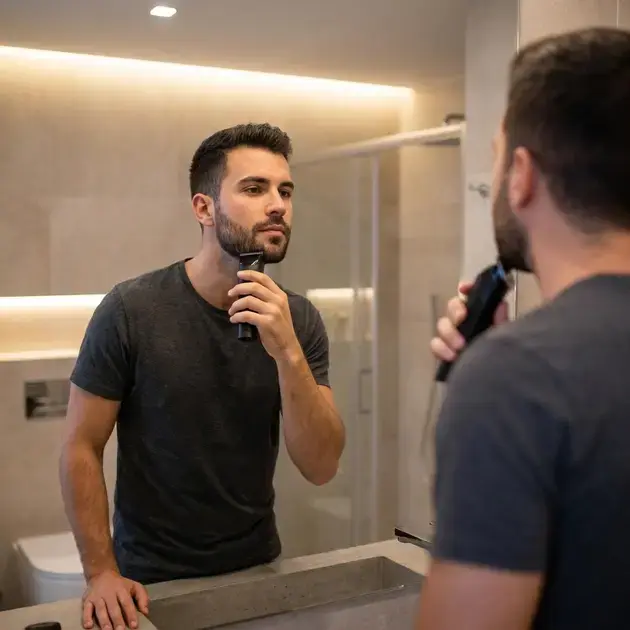 Homem usando aparador elétrico para manter barba rala elegante e alinhada