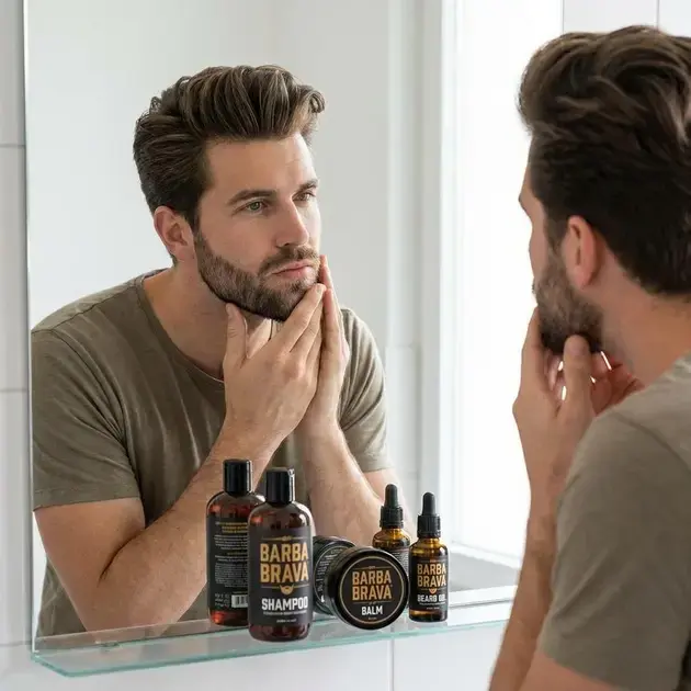 Homem com cabelo cheio e barba rala elegante usando kit de cuidados para barba