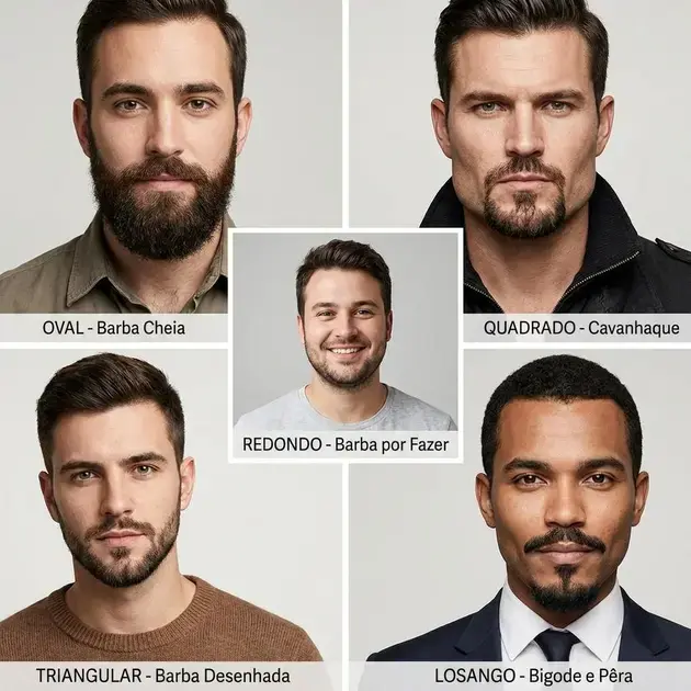 Ilustração de formatos de rosto masculino e barbas que combinam com diferentes estilos