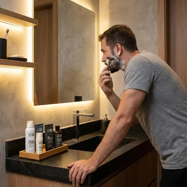 Rotina de cuidados com a barba que combina com o rosto usando produtos Dr. JONES