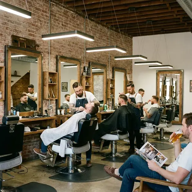 Interior de barbearia com ambiente retrô aconchegante e estiloso