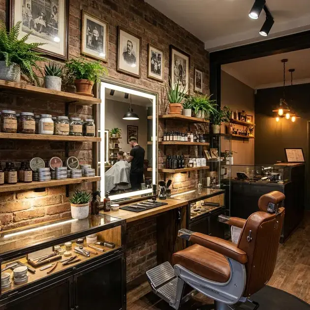 Área de atendimento em barbearia com ambiente retrô bem iluminada e organizada