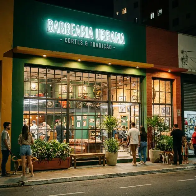 Fachada de barbearia com ambiente retrô que reforça estilo e identidade visual