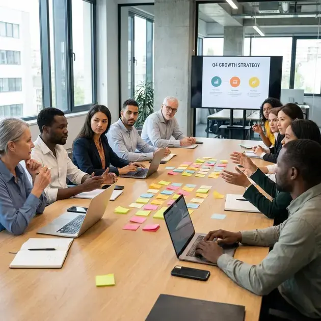 Equipe colaborando em escritório moderno com diferentes estilos de barba e formato de rosto