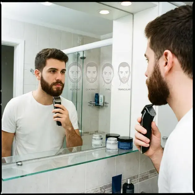 Homem escolhendo barba para diferentes formatos de rosto em frente ao espelho