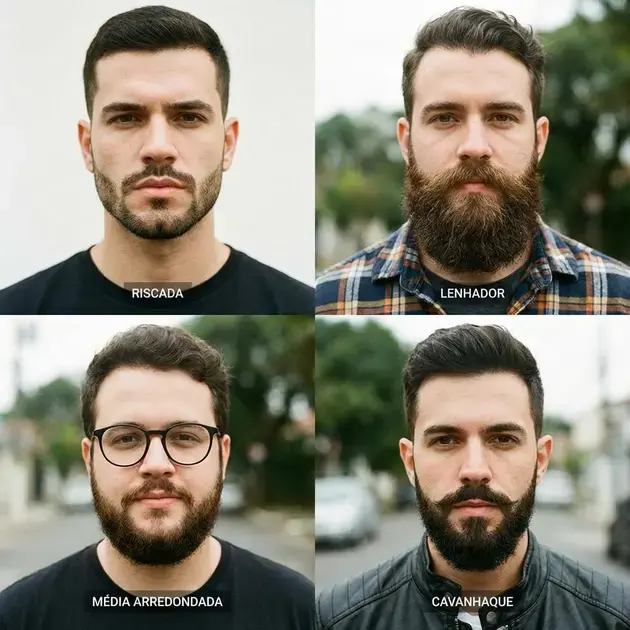 Exemplos de barba para diferentes formatos de rosto em homens com rosto redondo, quadrado e oval