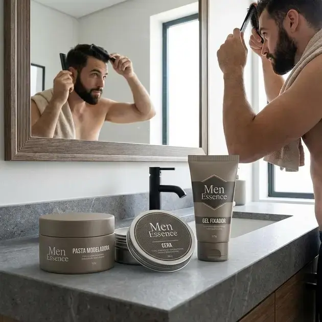 Produtos para barba para diferentes formatos de rosto organizados em bancada de barbearia