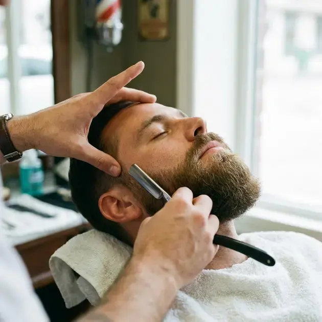 Profissional ajustando a barba ideal para meu tipo de rosto em cliente na barbearia