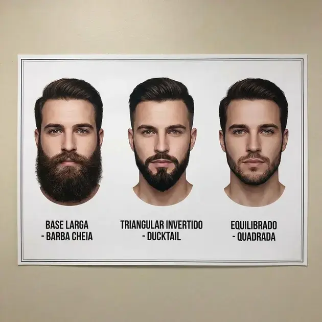 Comparação de estilos de barba ideal para rosto triangular com base larga e triangular invertido