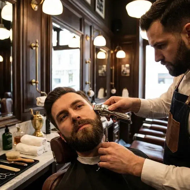Barbeiro definindo contornos da barba ideal para rosto triangular com aparador profissional