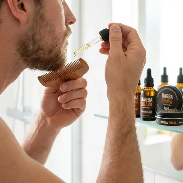 Aplicando óleo e balm em barba rala para demonstrar estilos e cuidados