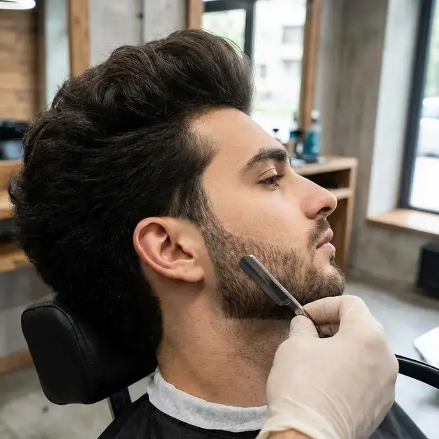 Barbeiro definindo limites da barba rala para melhorar estilos e cuidados