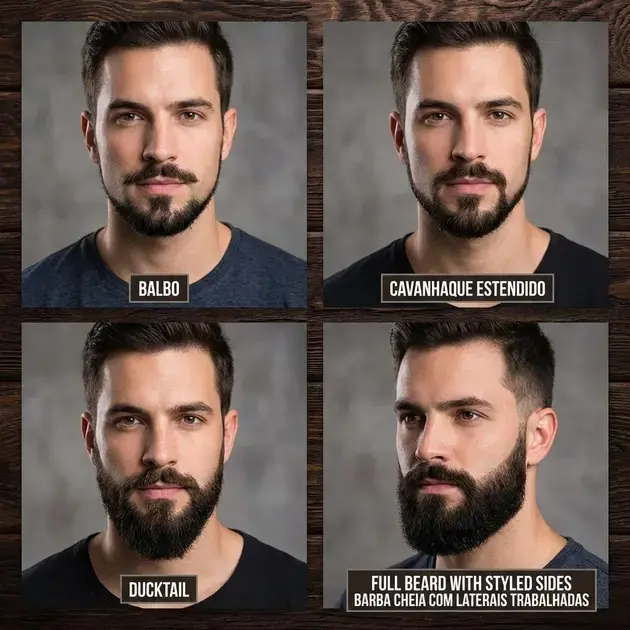 Exemplos de estilos de barba para rosto triangular masculina em diferentes comprimentos